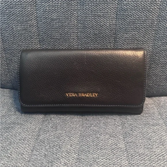 Vera Bradley Black Leather Wallet Clutch with Blue Floral Pattern Inside - Picture 1 of 10